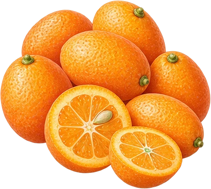 The drawing: kumquat, heap with cut fruit