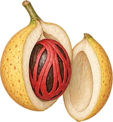 The drawing: nutmeg, split fruit with mace