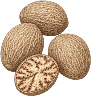 The drawing: nutmeg, whole nutmegs