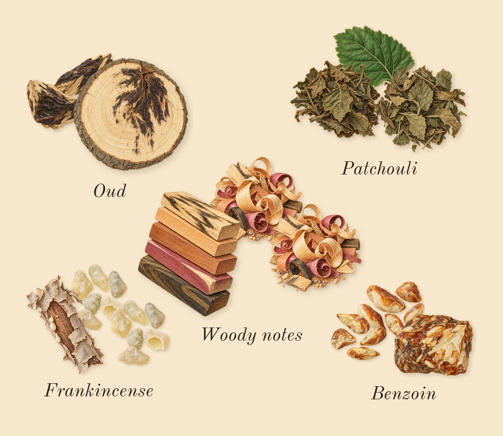 Amnesia Rose, dry-down: Frankincense, Patchouli, Benzoin, Woody notes, Oud
