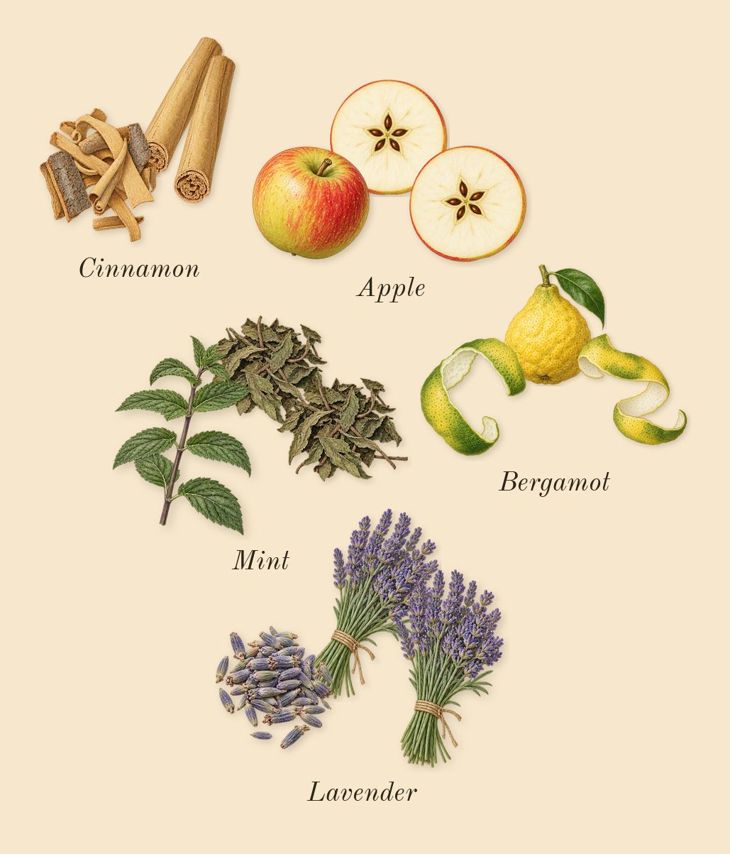 9 PM, top notes: Bergamot, Lavender, Cinnamon, Apple, Mint