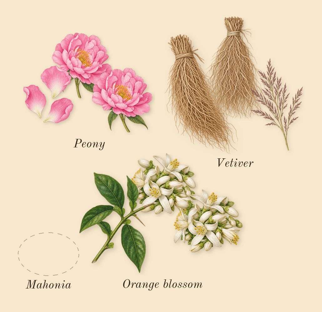 Mystique Bouquet, heart: Orange blossom, Vetiver, Mahonia, Peony