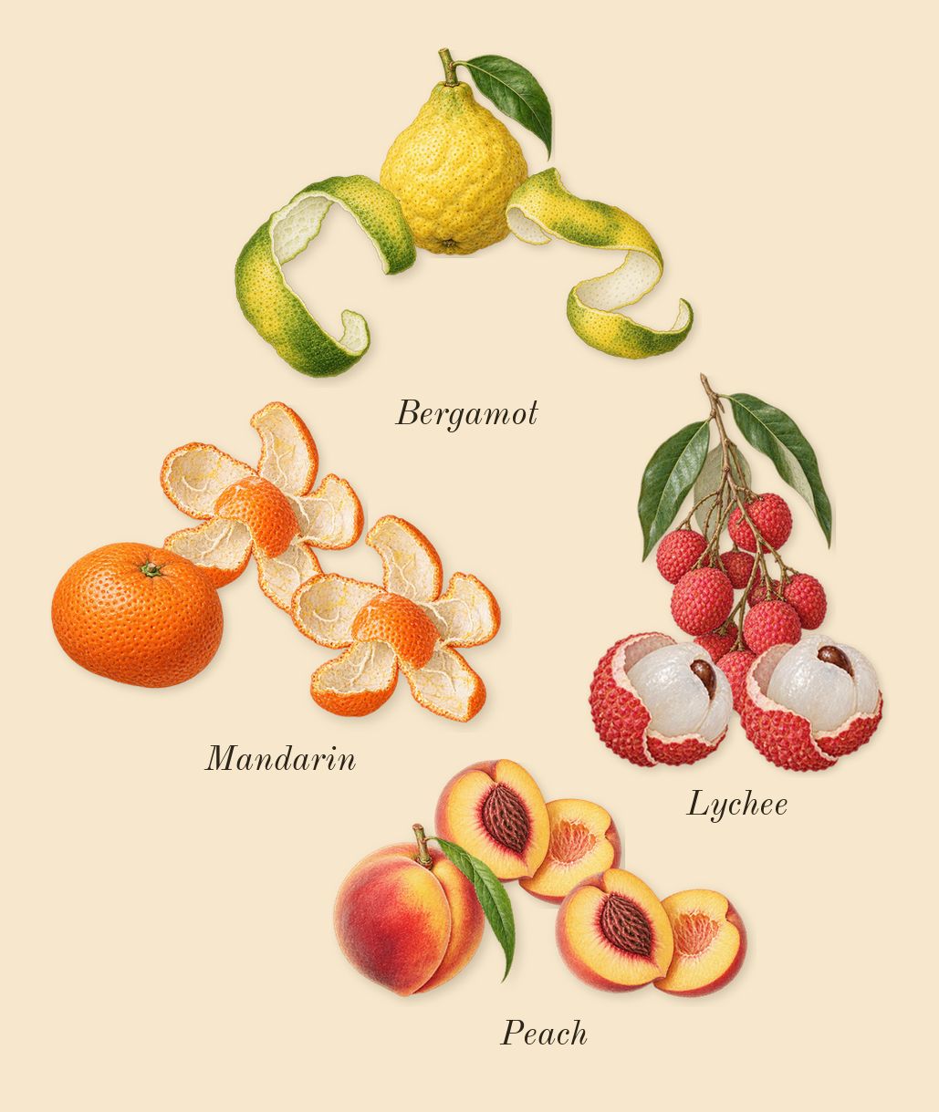 Mystique Bouquet, top notes: Peach, Mandarin, Bergamot, Lychee