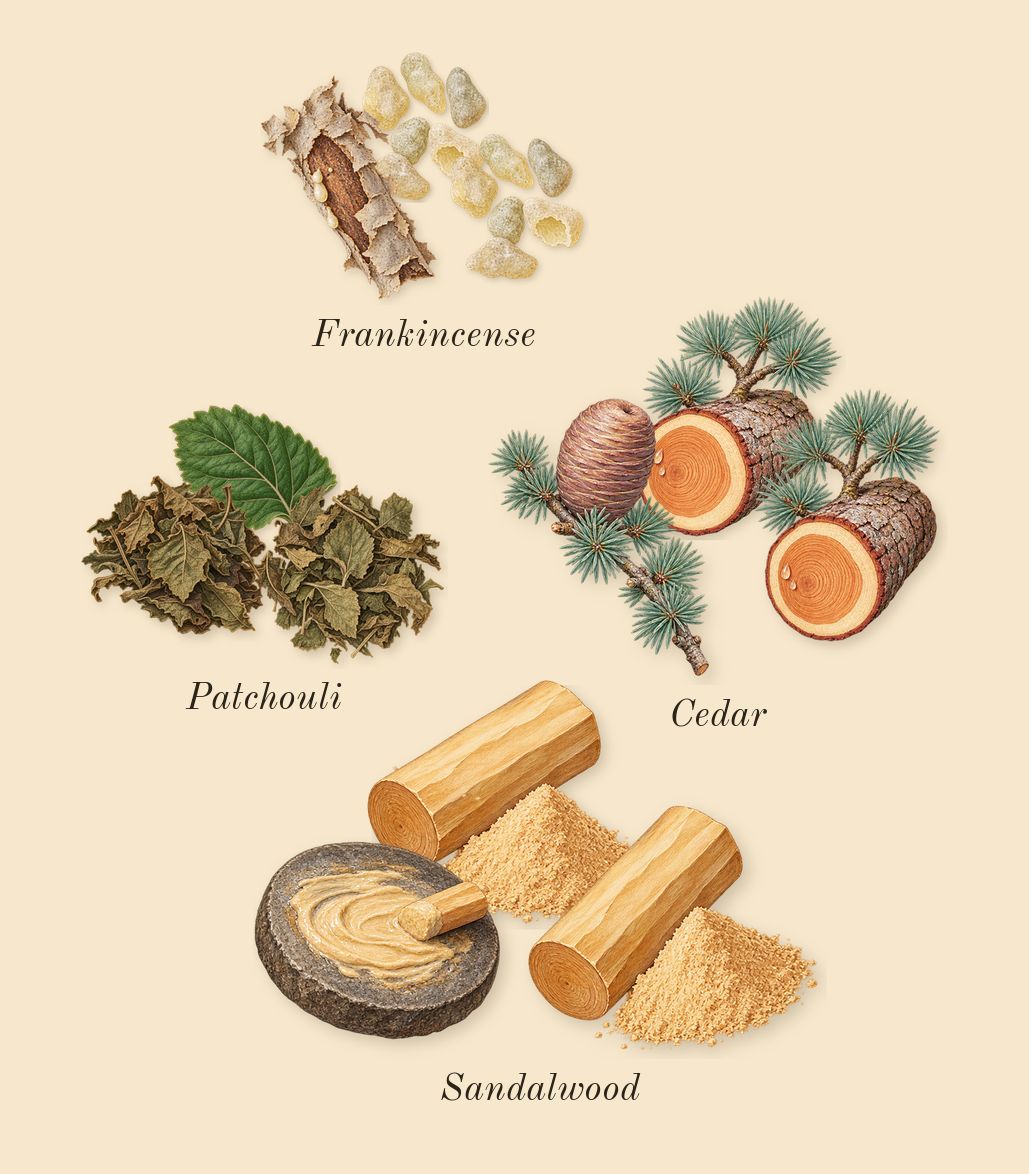 Amber Oud Bleu Edition, dry-down: Patchouli, Frankincense, Sandalwood, Cedar