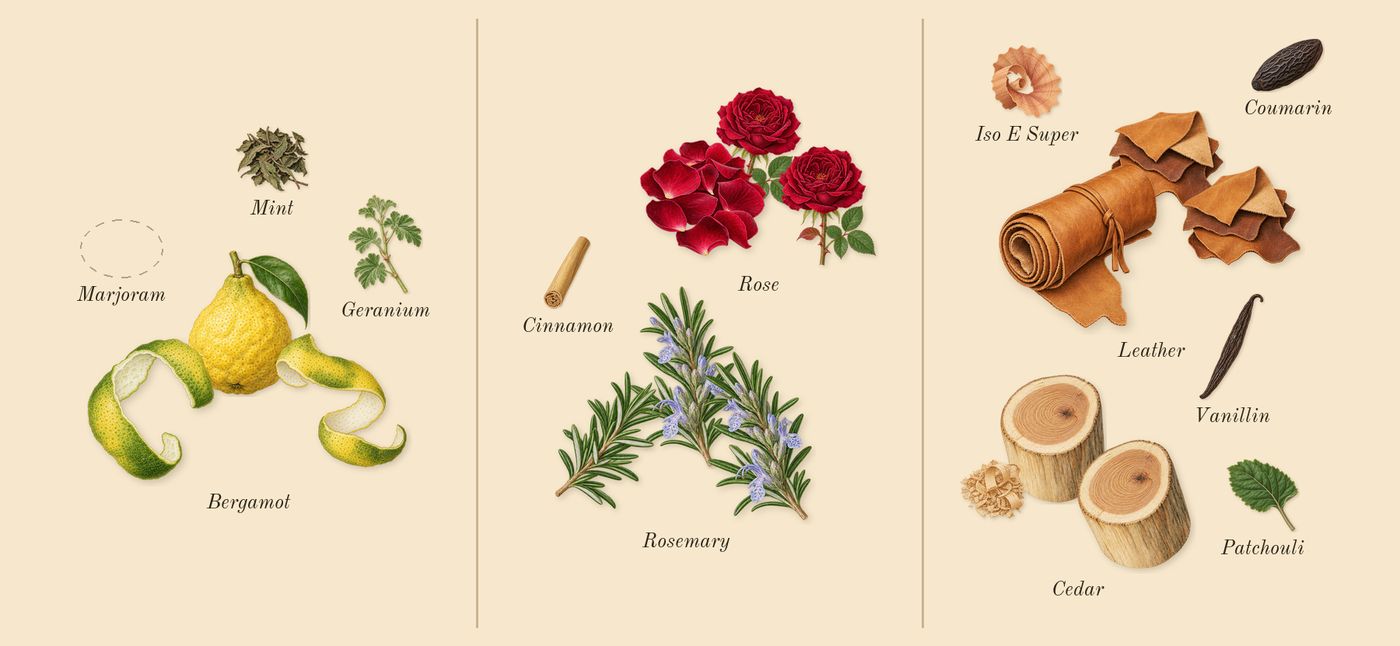 Taraf’s scent picture, a draft: bergamot, rose, rosemary, leather glove, cedar, patchouli drawn so far; dashed outlines where nothing is drawn yet
