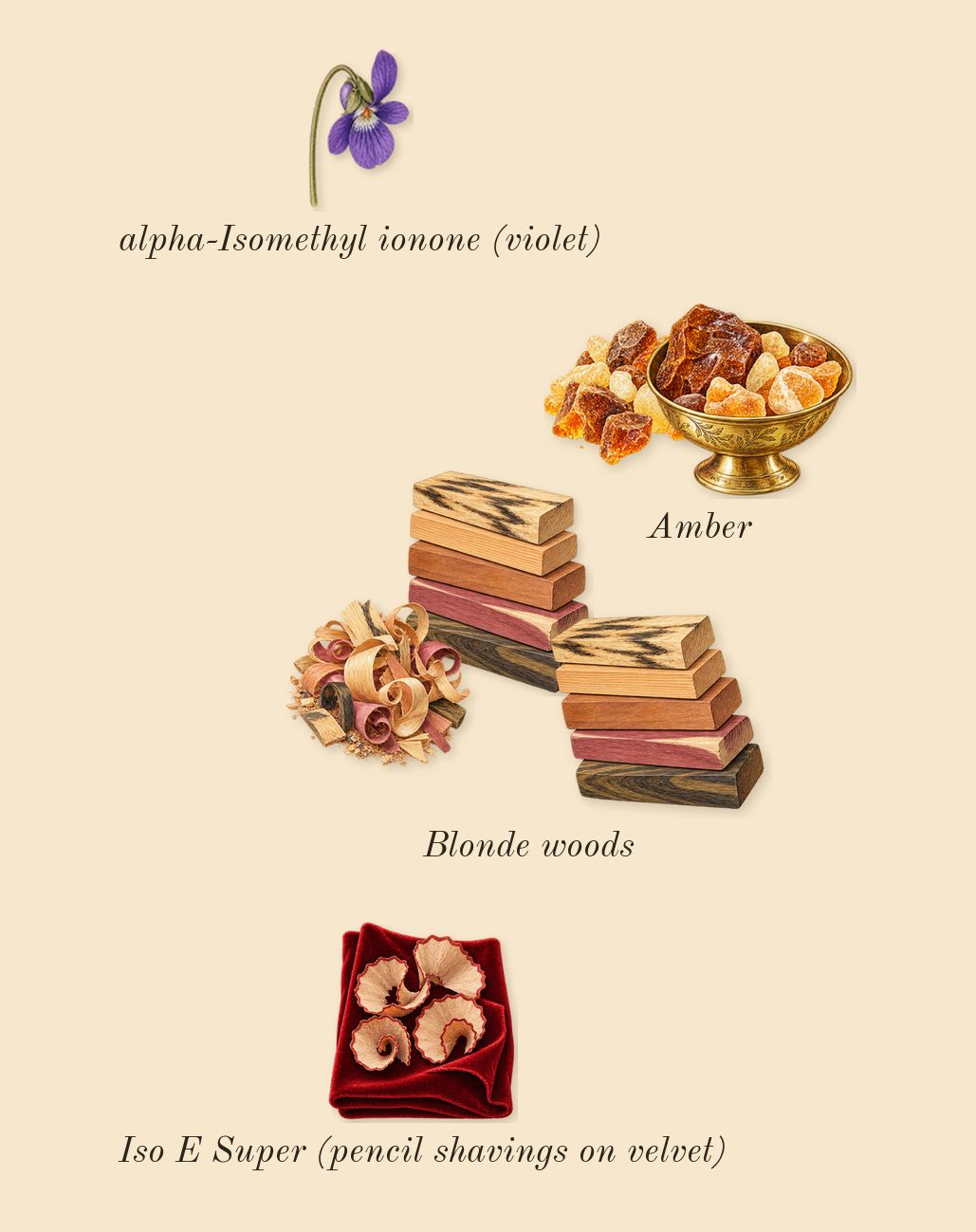 Cloud Aurora, dry-down: Amber, Blonde woods, Iso E Super (pencil shavings on velvet), alpha-Isomethyl ionone (violet)
