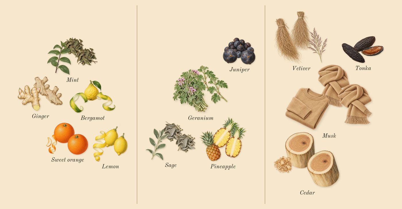 Odyssey Mega’s scent picture, a draft: ginger, bergamot, sweet orange, lemon, mint, pineapple drawn so far; dashed outlines where nothing is drawn yet