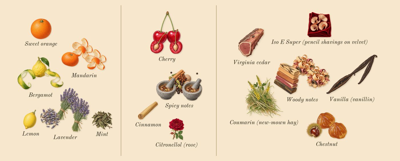 Stronger With You Powerfully’s scent picture, a draft: cherry, mandarin, lavender, spicy notes, woody notes, chestnut drawn so far; dashed outlines where nothing is drawn yet
