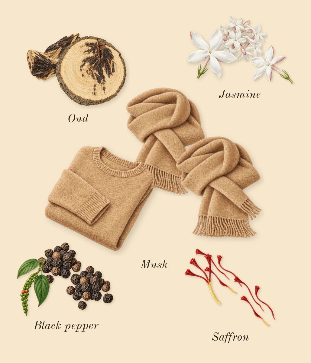 Ameerat Al Arab, dry-down: Saffron, Black pepper, Jasmine, Musk, Oud