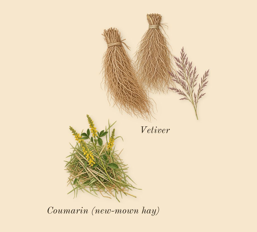 Pour Homme, dry-down: Vetiver, Coumarin (new-mown hay)