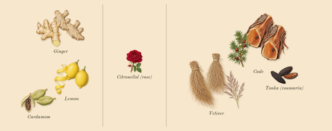 Wanted’s scent picture, a draft: lemon, cardamom, vetiver, ginger, cade, tonka (coumarin) drawn so far; dashed outlines where nothing is drawn yet