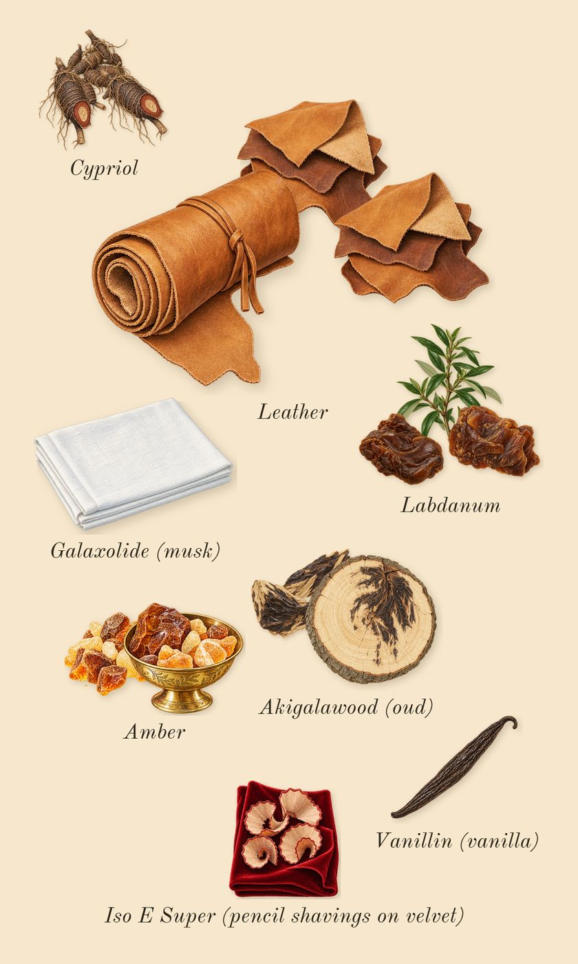 Signature, dry-down: Leather, Amber, Labdanum, Akigalawood (oud), Cypriol, Iso E Super (pencil shavings on velvet), Galaxolide (musk), Vanillin (vanilla)