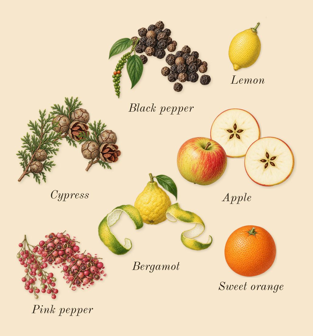 Signature, top notes: Cypress, Black pepper, Apple, Bergamot, Pink pepper, Lemon, Sweet orange