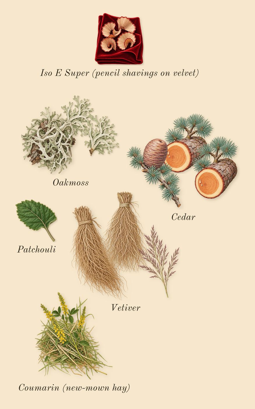 Fathom V, dry-down: Vetiver, Oakmoss, Cedar, Patchouli, Iso E Super (pencil shavings on velvet), Coumarin (new-mown hay)