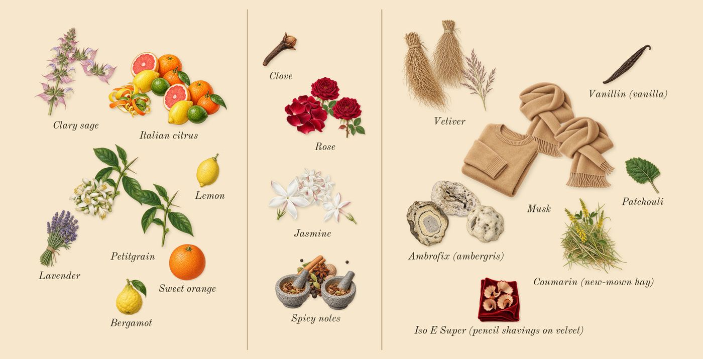 Summer Mink’s scent picture, a draft: italian citrus, clary sage, petitgrain, jasmine, rose, spicy notes drawn so far; dashed outlines where nothing is drawn yet