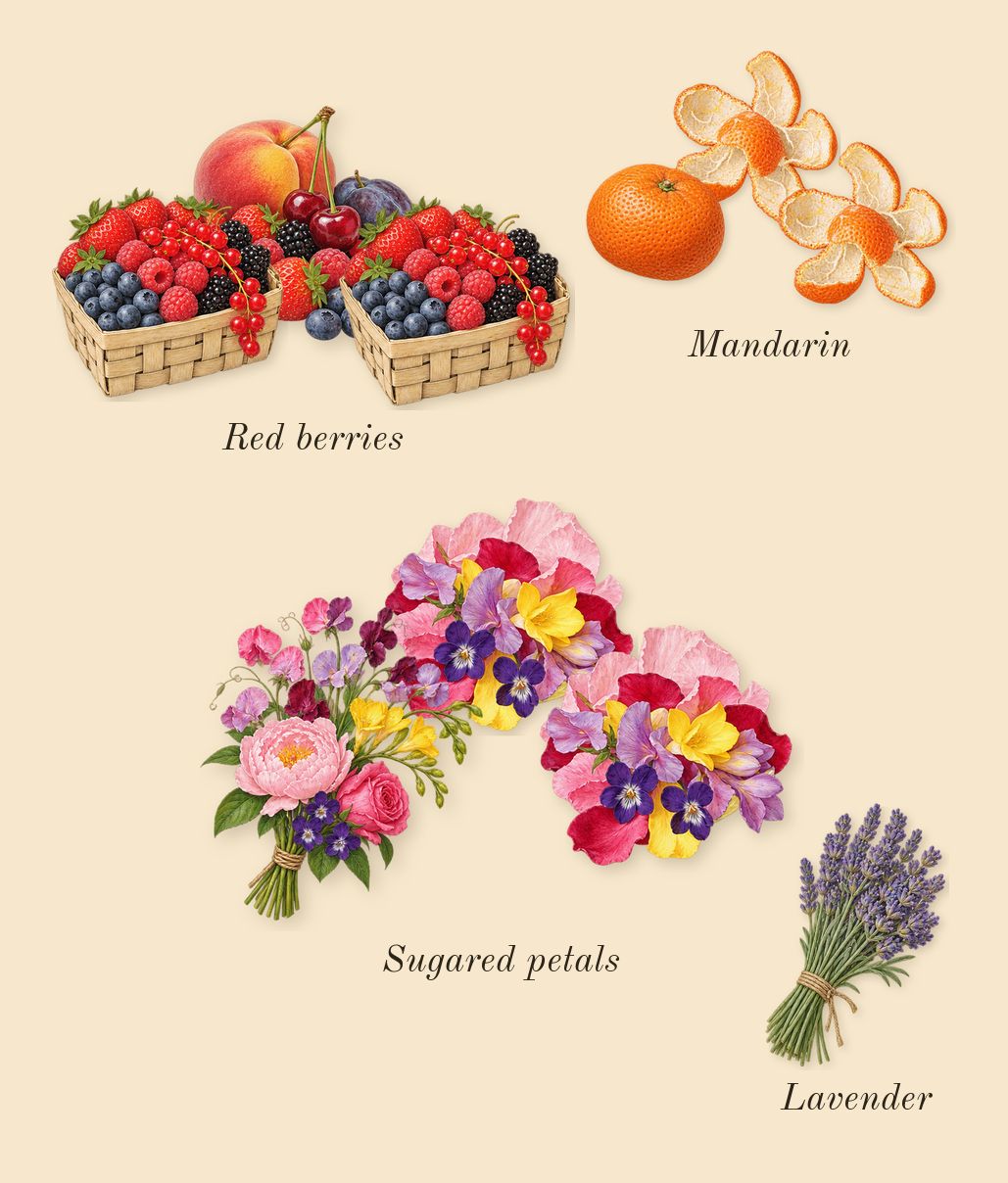 Eilish, top notes: Red berries, Mandarin, Sugared petals, Lavender