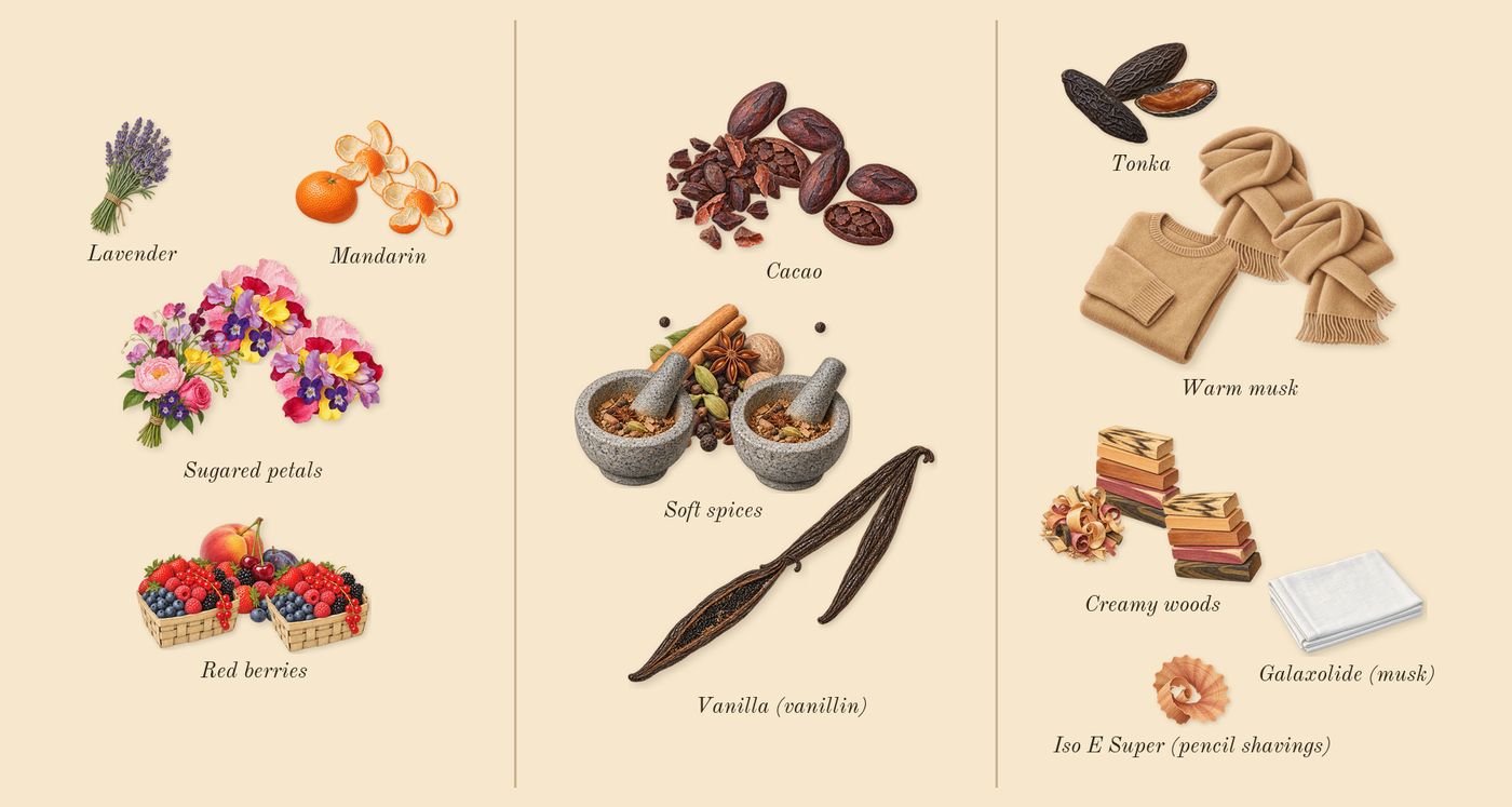 Eilish’s scent picture, a draft: red berries, mandarin, sugared petals, vanilla (vanillin), soft spices, cacao drawn so far; dashed outlines where nothing is drawn yet