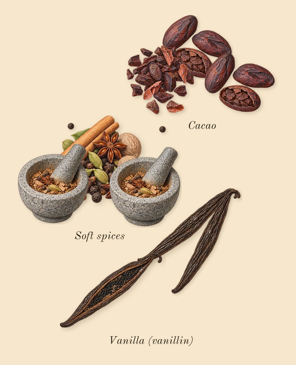 Eilish Intense, heart: Vanilla (vanillin), Soft spices, Cacao