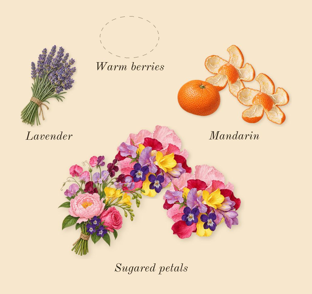 Eilish Intense, top notes: Sugared petals, Mandarin, Warm berries, Lavender