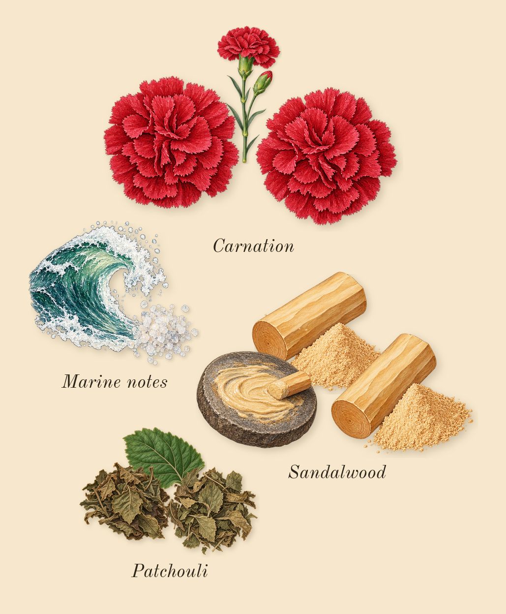 New York Nights, heart: Patchouli, Sandalwood, Marine notes, Carnation