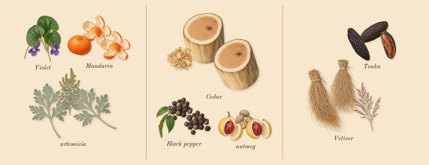 Touch for Men’s scent picture, a draft: artemisia, mandarin, violet, nutmeg, cedar, black pepper drawn so far; dashed outlines where nothing is drawn yet