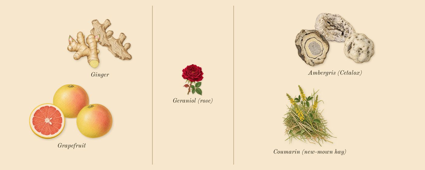 Le Gemme Tygar’s scent picture, a draft: grapefruit, ambergris (cetalox), ginger, coumarin (new-mown hay), geraniol (rose) drawn so far; dashed outlines where nothing is drawn yet
