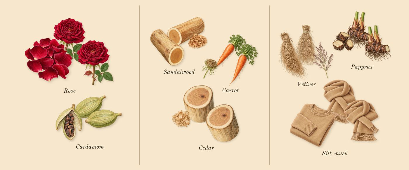 Desert Dawn’s scent picture, a draft: cardamom, rose, carrot, cedar, sandalwood, papyrus drawn so far; dashed outlines where nothing is drawn yet