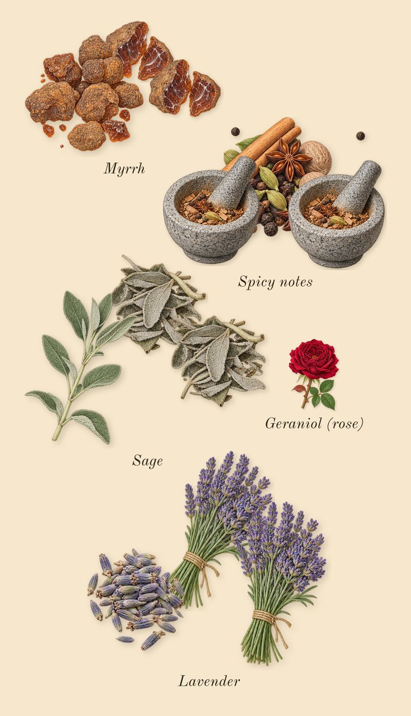 Obsession for Men, heart: Lavender, Myrrh, Sage, Spicy notes, Geraniol (rose)