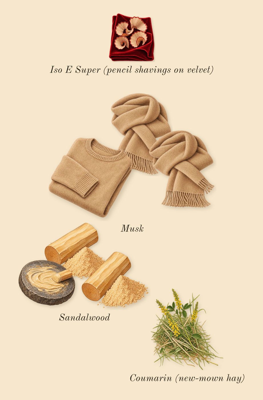 212 Men NYC, dry-down: Sandalwood, Musk, Iso E Super (pencil shavings on velvet), Coumarin (new-mown hay)