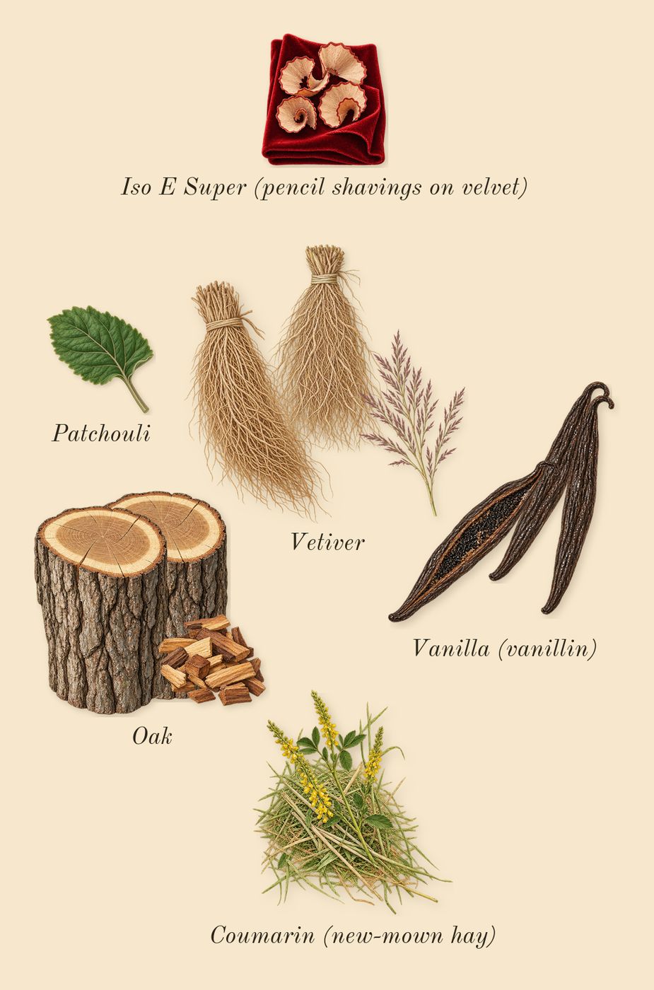 212 VIP Black Elixir, dry-down: Vanilla (vanillin), Oak, Vetiver, Patchouli, Iso E Super (pencil shavings on velvet), Coumarin (new-mown hay)