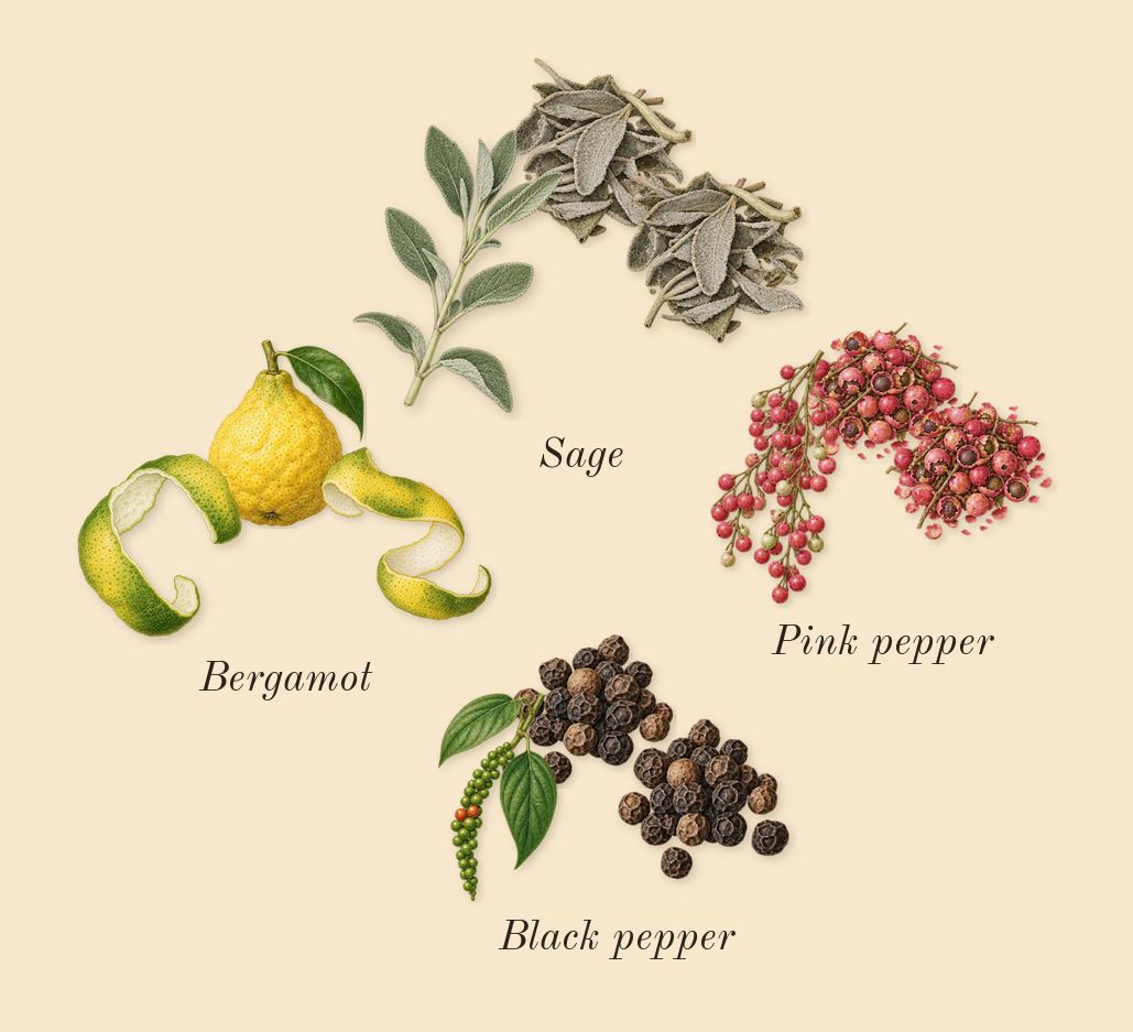 Bad Boy, top notes: Bergamot, Pink pepper, Black pepper, Sage