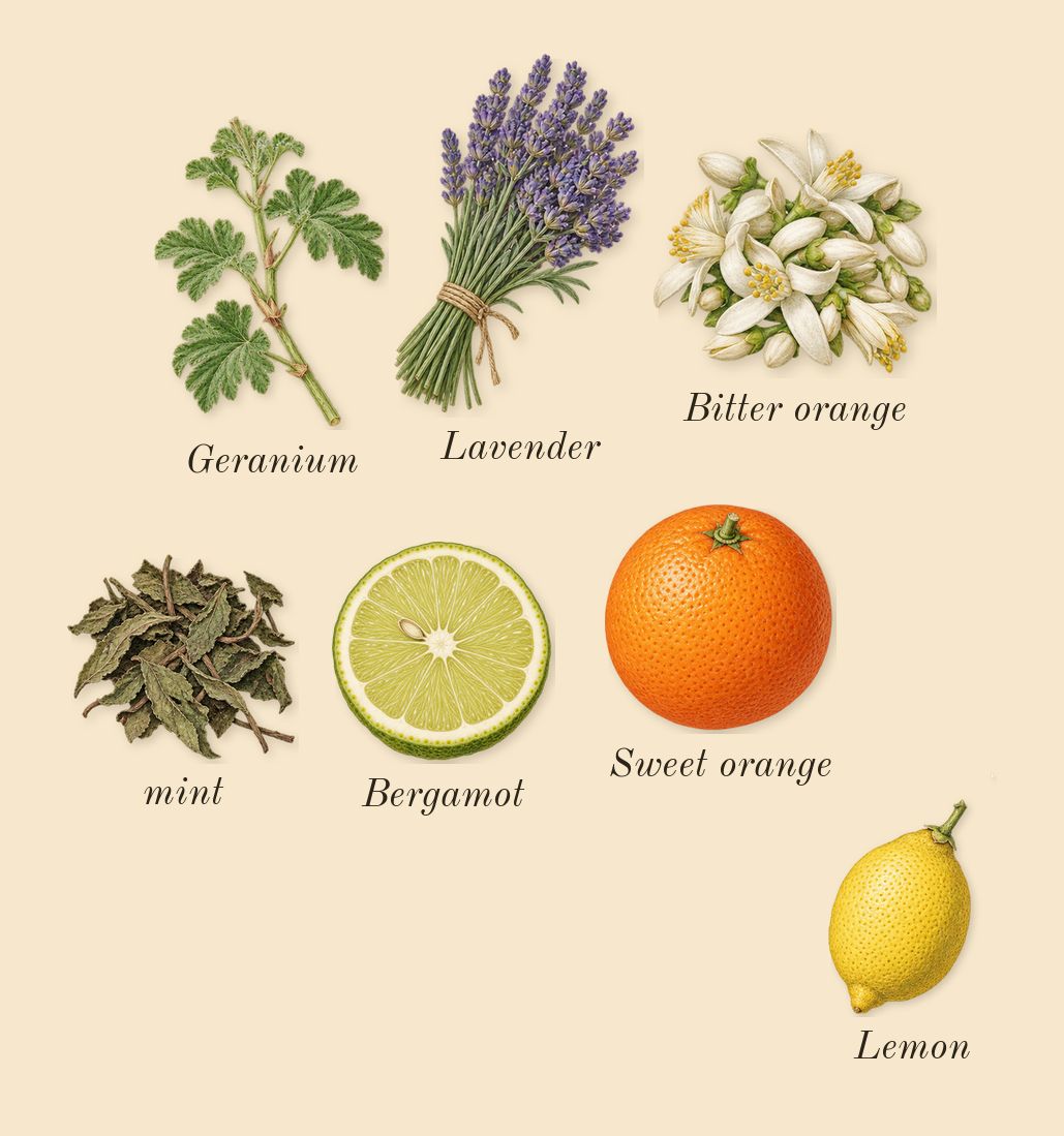 Bleu de Chanel, top notes: Bergamot, Lemon, Lavender, Sweet orange, Bitter orange, Geranium, mint