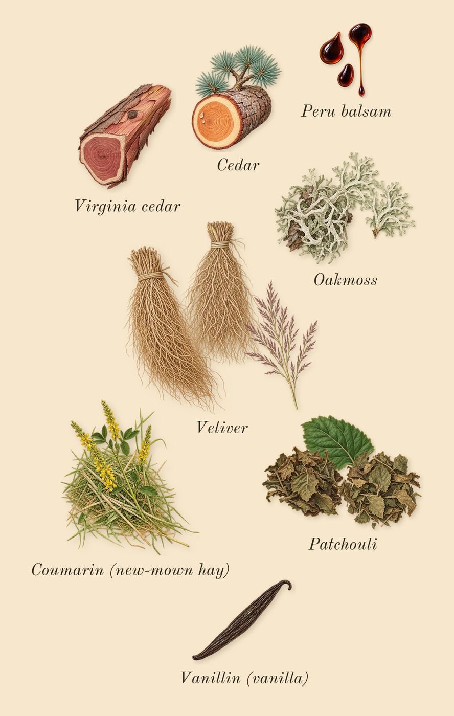 Aromatics Elixir, dry-down: Patchouli, Oakmoss, Vetiver, Cedar, Virginia cedar, Peru balsam, Coumarin (new-mown hay), Vanillin (vanilla)