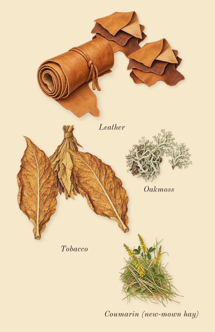 C Woody Leather, dry-down: Tobacco, Leather, Oakmoss, Coumarin (new-mown hay)