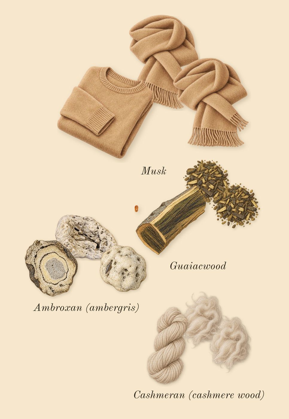 E Cashmere Musk, dry-down: Musk, Cashmeran (cashmere wood), Guaiacwood, Ambroxan (ambergris)