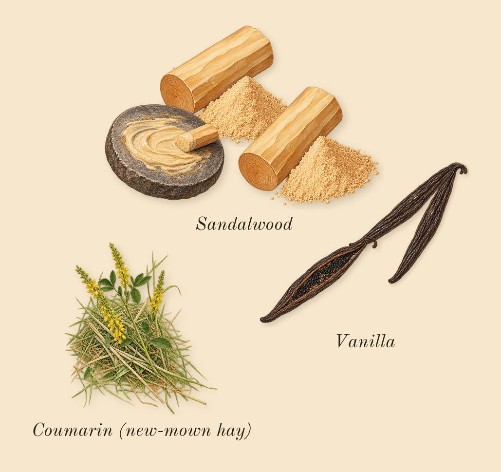 Warm Bulb, dry-down: Sandalwood, Vanilla, Coumarin (new-mown hay)