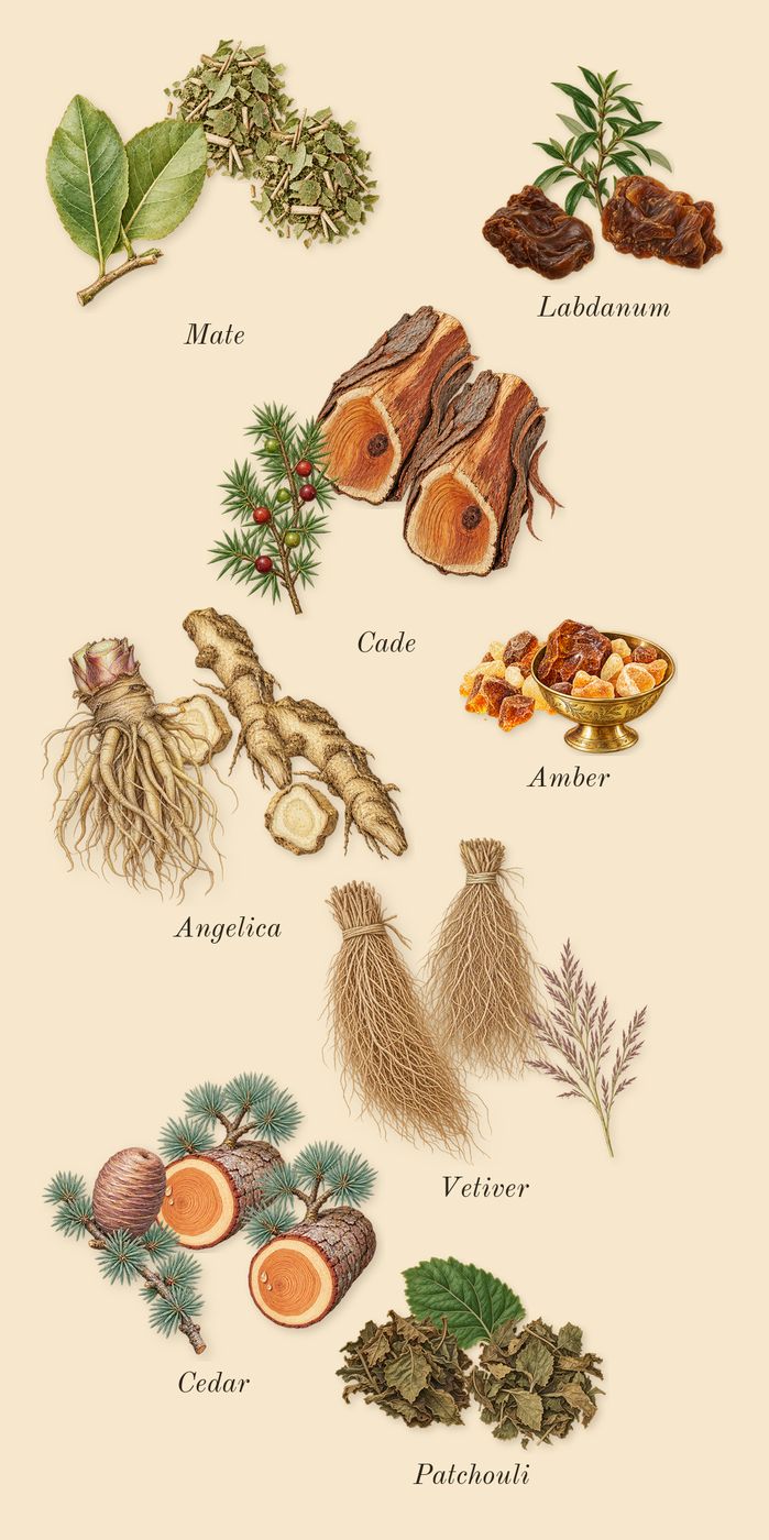 2, dry-down: Amber, Labdanum, Patchouli, Cedar, Angelica, Vetiver, Cade, Mate