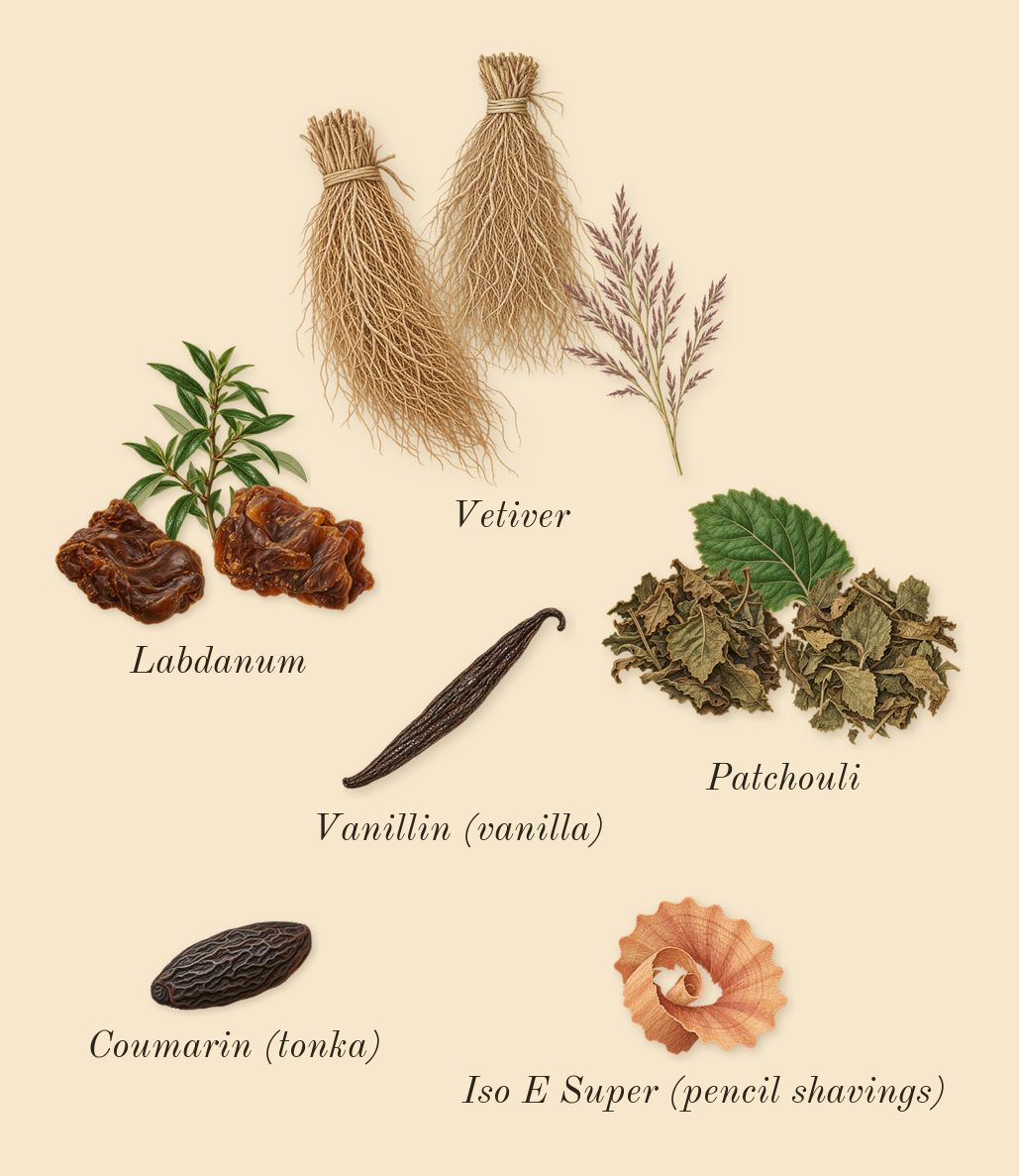 Absolu Aventus, dry-down: Labdanum, Vetiver, Patchouli, Iso E Super (pencil shavings), Vanillin (vanilla), Coumarin (tonka)