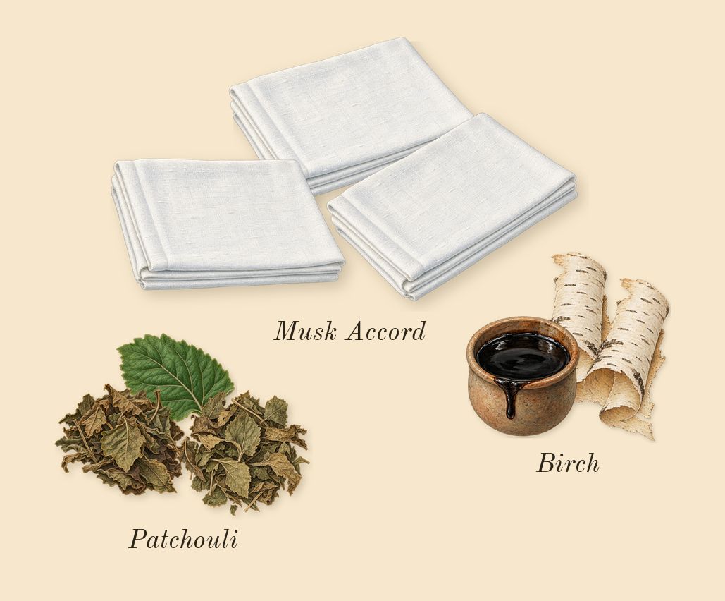 Aventus, dry-down: Birch, Patchouli, Musk Accord