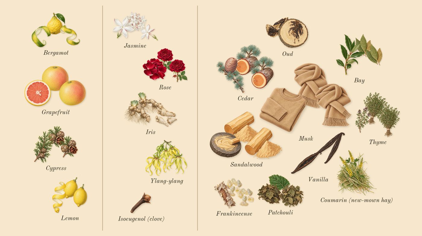 Millésime 1849’s scent picture, a draft: bergamot, lemon, grapefruit, cypress, jasmine, ylang-ylang drawn so far; dashed outlines where nothing is drawn yet