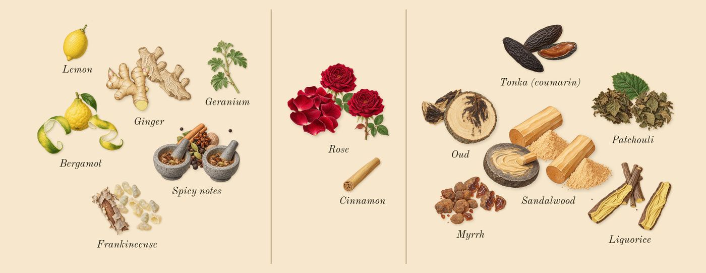 Oud Zarian’s scent picture, a draft: bergamot, frankincense, ginger, spicy notes, rose, oud drawn so far; dashed outlines where nothing is drawn yet
