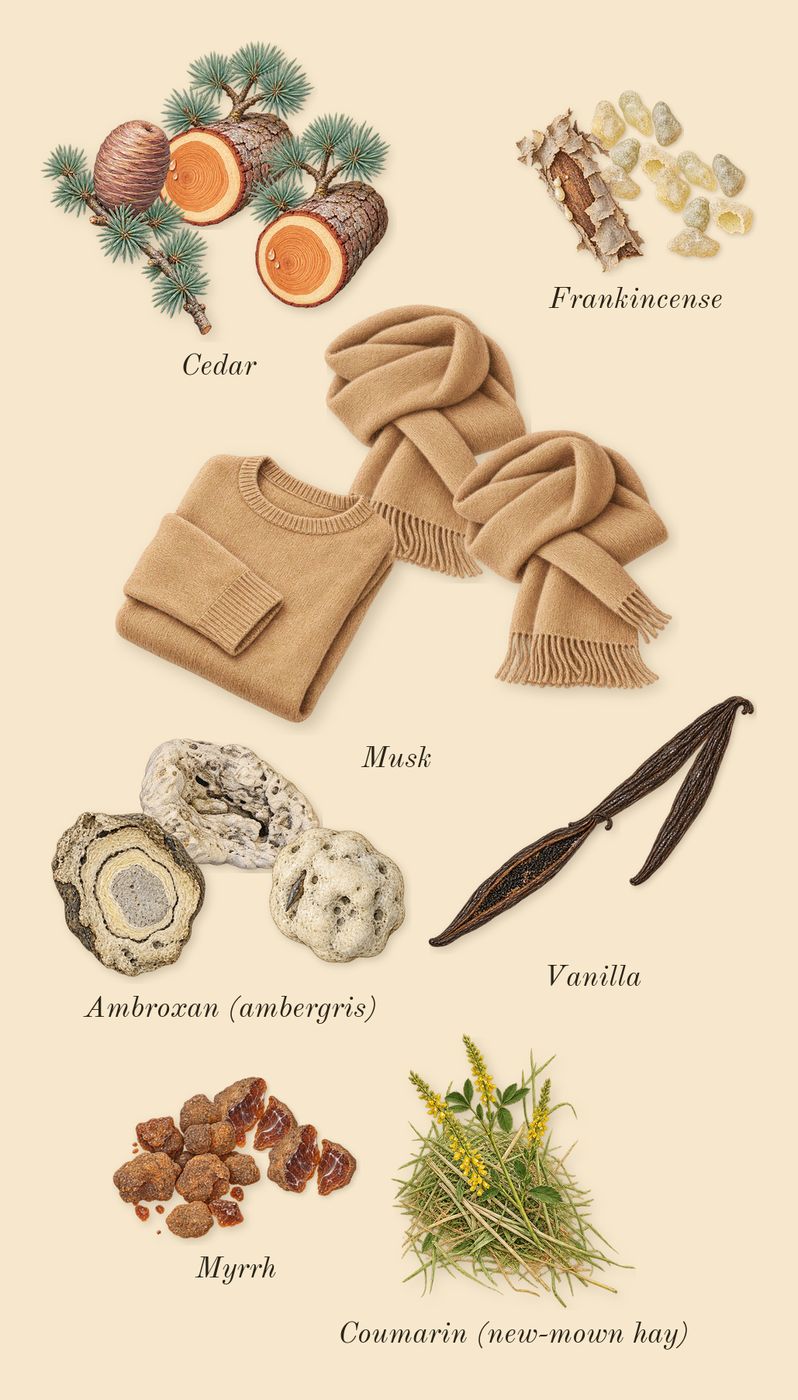 Queen of Silk, dry-down: Vanilla, Frankincense, Myrrh, Ambroxan (ambergris), Cedar, Musk, Coumarin (new-mown hay)