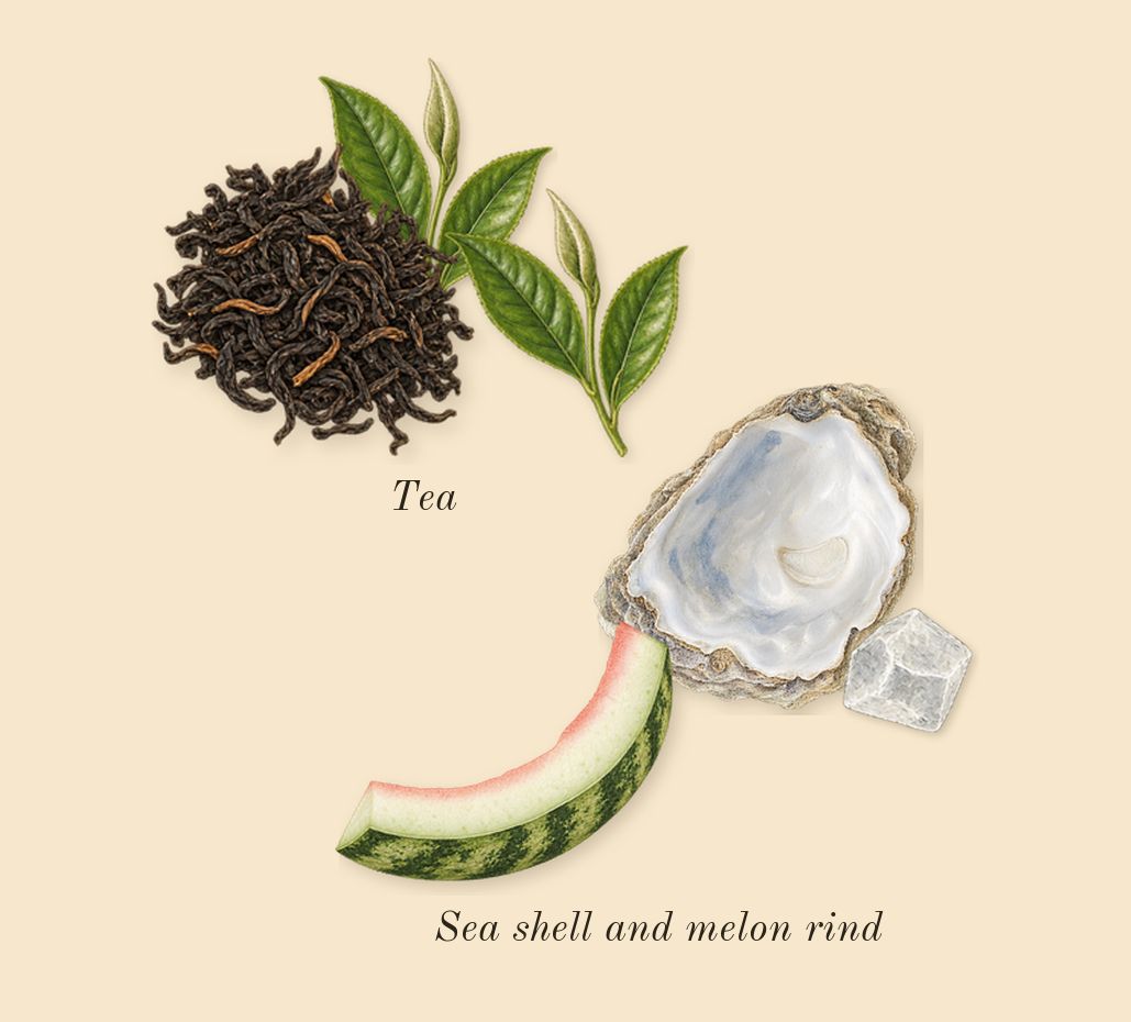 Silver Mountain Water, heart: Tea, Sea shell and melon rind