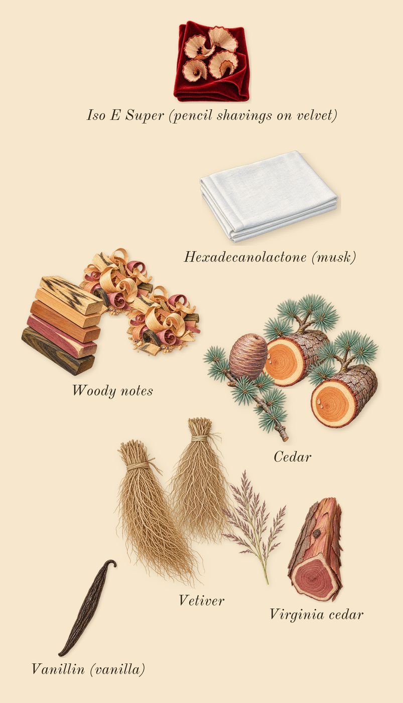 Wild Vetiver, dry-down: Vetiver, Cedar, Woody notes, Virginia cedar, Iso E Super (pencil shavings on velvet), Vanillin (vanilla), Hexadecanolactone (musk)