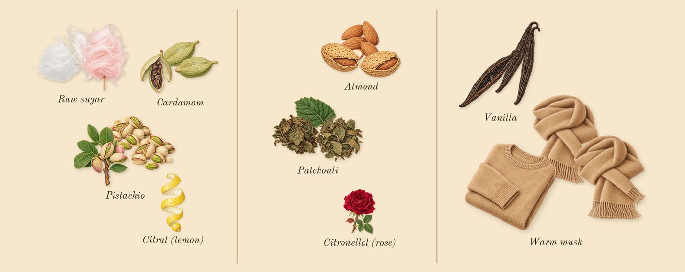 Pistachio’s scent picture, a draft: pistachio, cardamom, raw sugar, almond, patchouli, warm musk drawn so far; dashed outlines where nothing is drawn yet