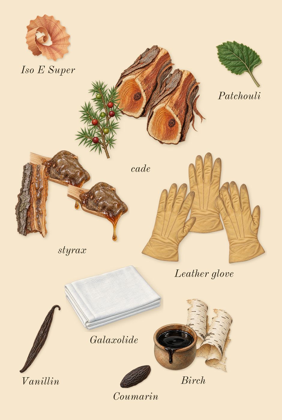 Fahrenheit, dry-down: Leather glove, Birch, styrax, cade, Patchouli, Iso E Super, Galaxolide, Coumarin, Vanillin