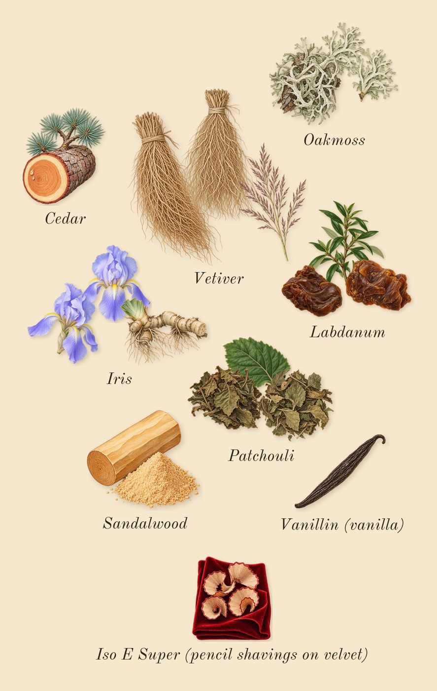 Gris Dior, dry-down: Oakmoss, Iris, Vetiver, Labdanum, Patchouli, Cedar, Sandalwood, Iso E Super (pencil shavings on velvet), Vanillin (vanilla)