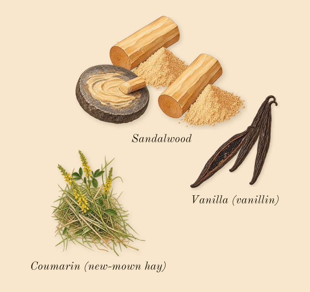 J'adore Intense, dry-down: Sandalwood, Vanilla (vanillin), Coumarin (new-mown hay)