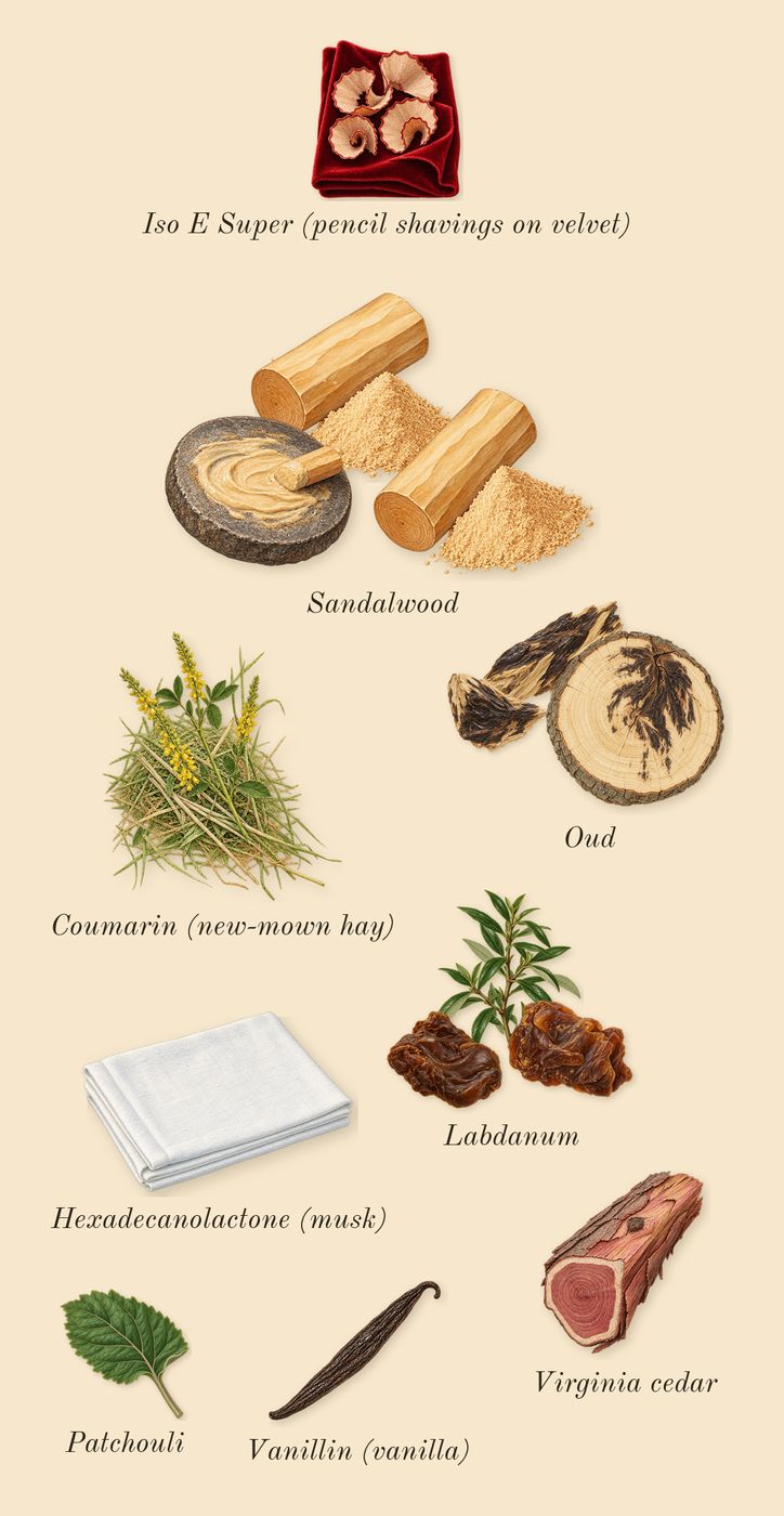 Oud Ispahan, dry-down: Oud, Labdanum, Sandalwood, Virginia cedar, Patchouli, Iso E Super (pencil shavings on velvet), Coumarin (new-mown hay), Vanillin (vanilla), Hexadecanolactone (musk)