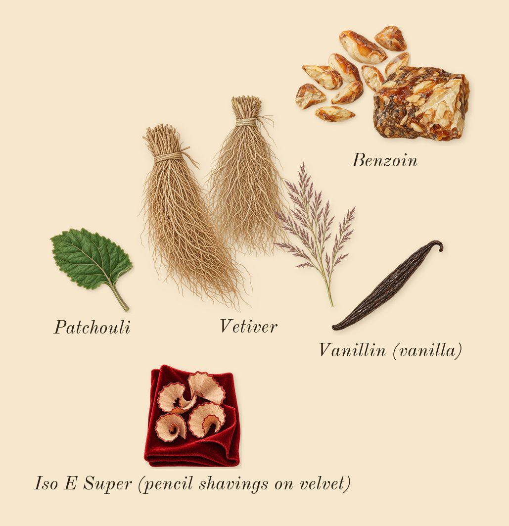 Lazulio, dry-down: Benzoin, Vetiver, Patchouli, Iso E Super (pencil shavings on velvet), Vanillin (vanilla)